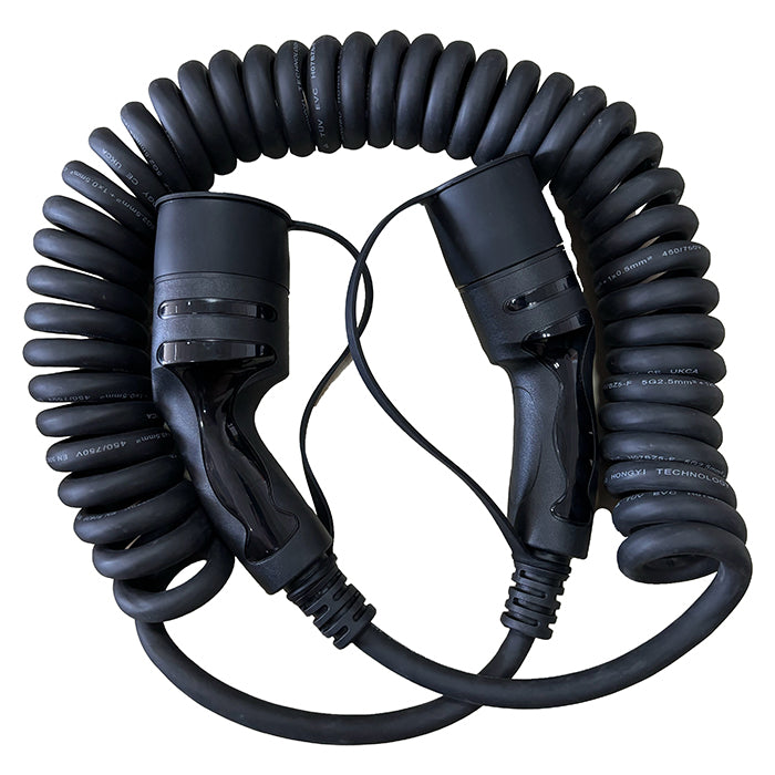 Spiral ladekabel til elbil – Type 2, 16A, 3-faset, 5 meter (op til 11 kW)