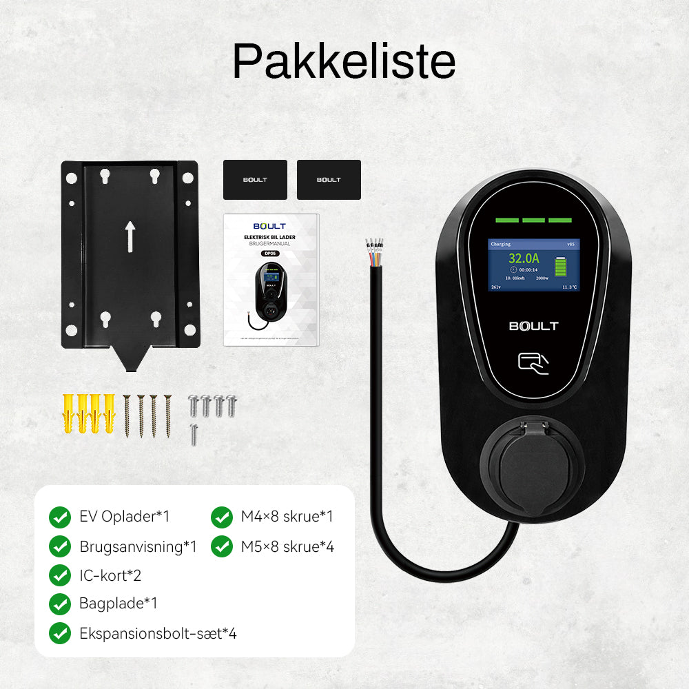 Boult DP05 pakkens indhold: ladeboks, vægbeslag, 2 RFID-kort, skruer, rawlplugs og manual