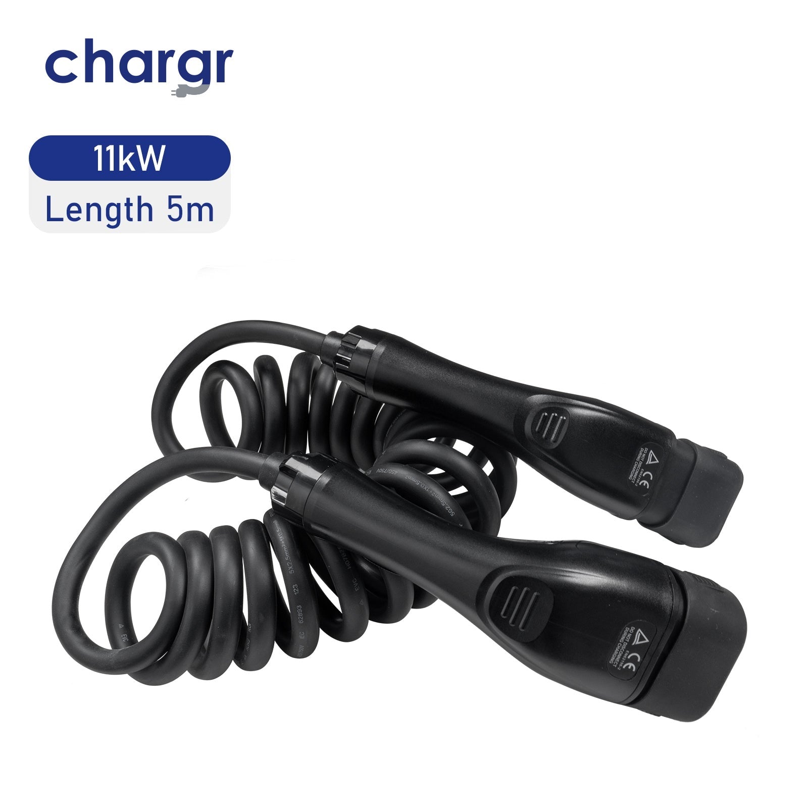 Chargr spiral-ladekabel Type 2 set fra siden med begge stik