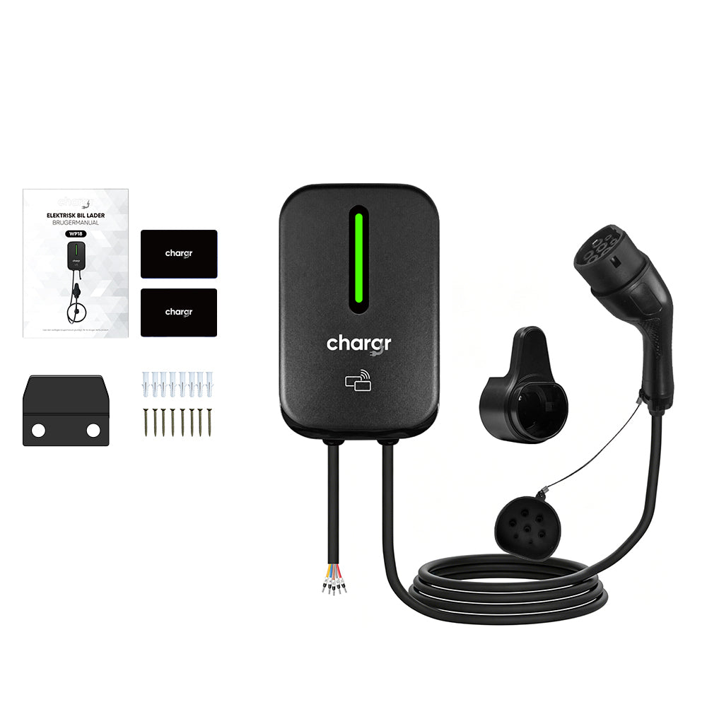 Chargr WP18 pakkens indhold: ladeboks, Type 2-kabel, holder, RFID-kort og manual