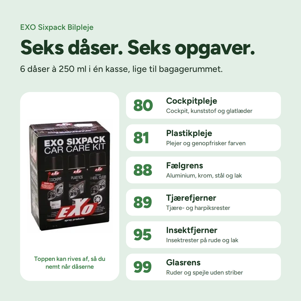 EXO Sixpack Bilpleje: overblik over de seks dåser