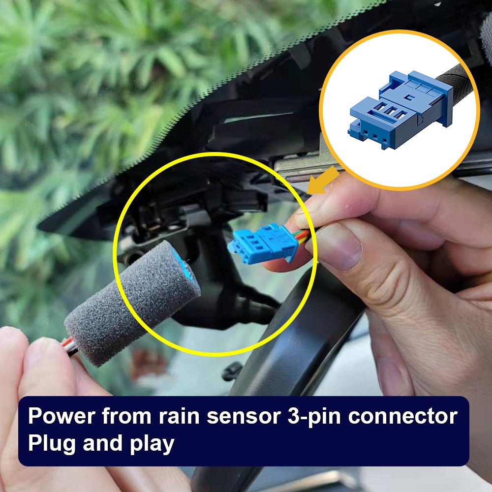 Fitcamx dashcam får strøm fra regnsensorens 3-pin stik - plug and play
